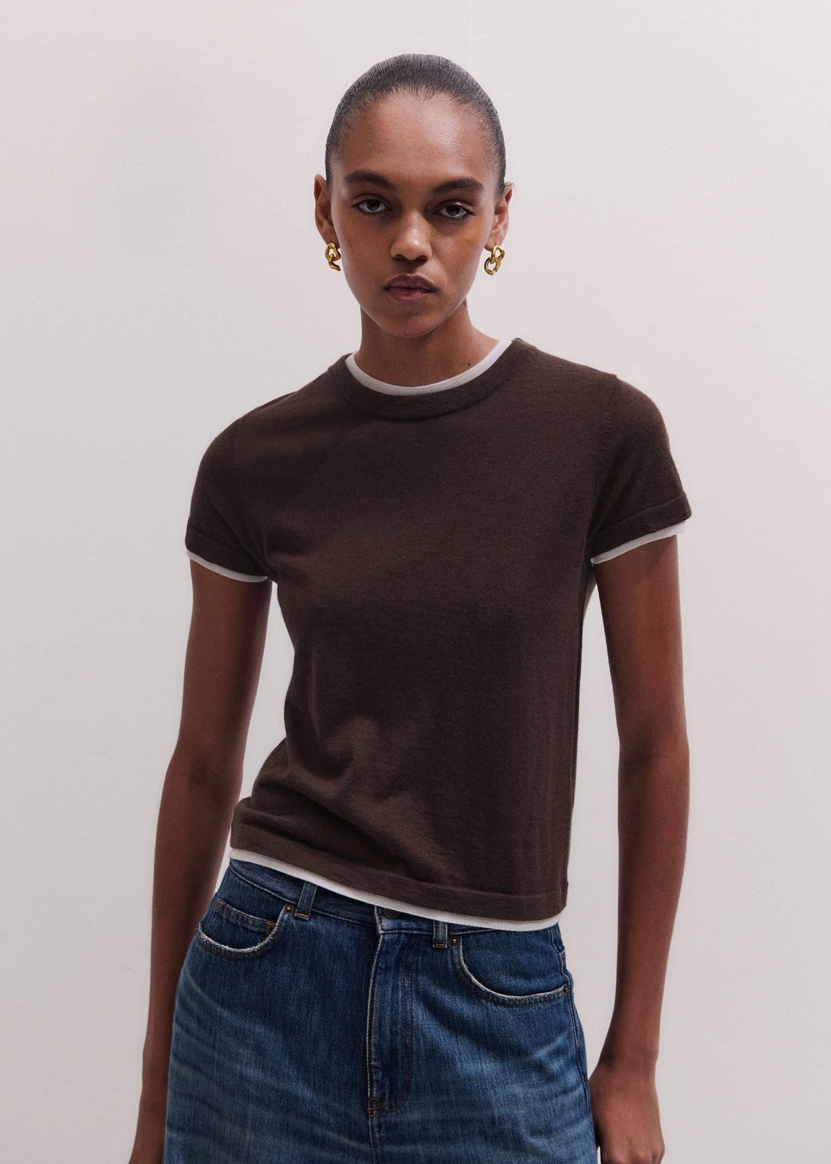 ME+EM Clothing Brown Barely There Contrast Trim Knit Baby Tee