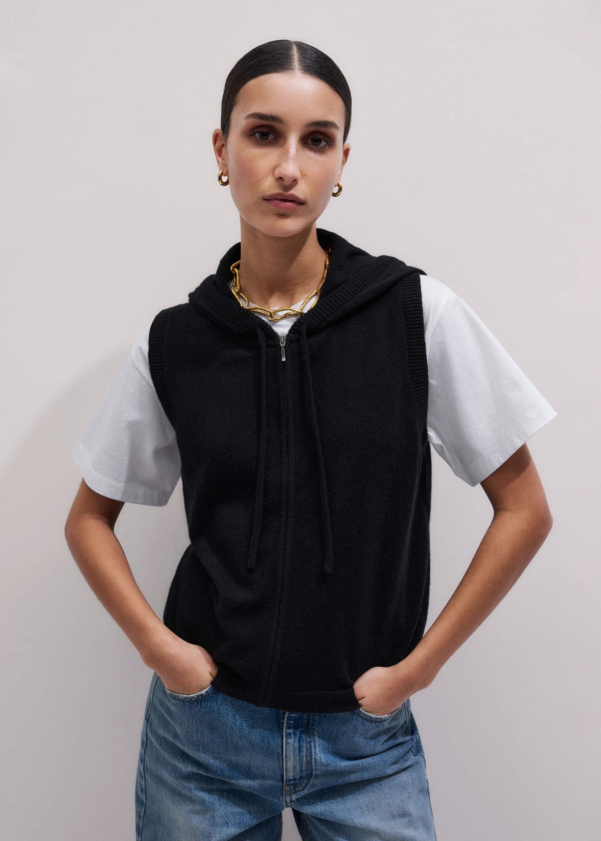 ME+EM Clothing Black Cashmere Sleeveless Relaxed Zip Hoodie
