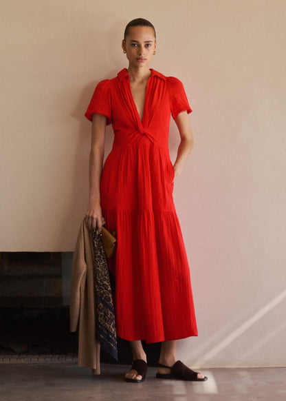 ME+EM Clothing Red Cheesecloth Twist Detail Fit + Flare Maxi Dress