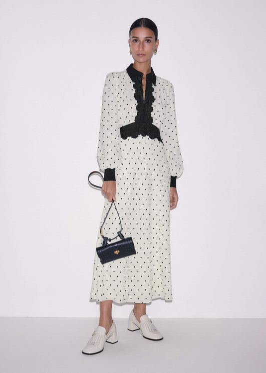 ME+EM Clothing Cream Winter Polka Dot Lace Trim Maxi Dress