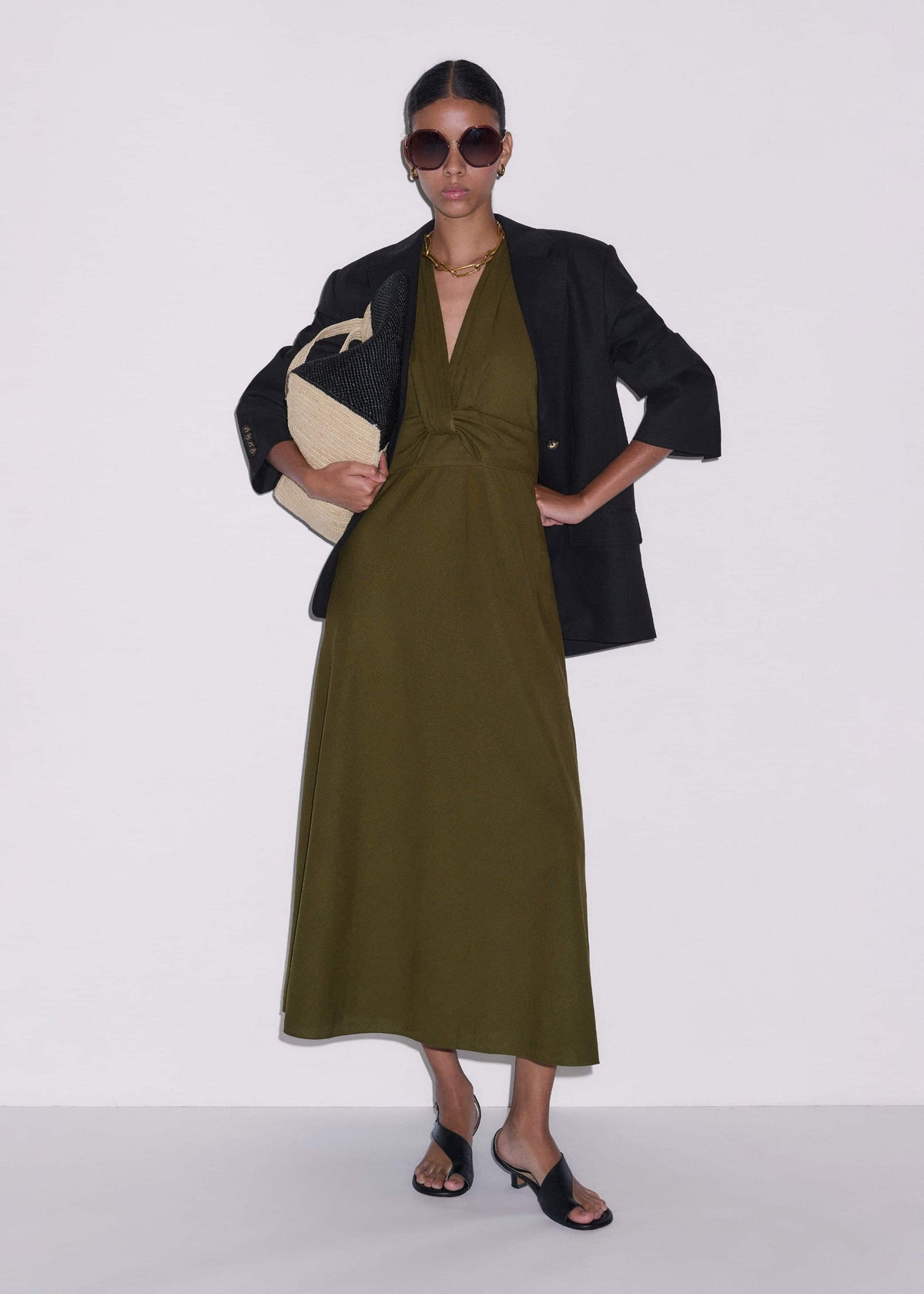 ME+EM Clothing Olive Green Crease-Less Linen Twist Front Maxi Dress