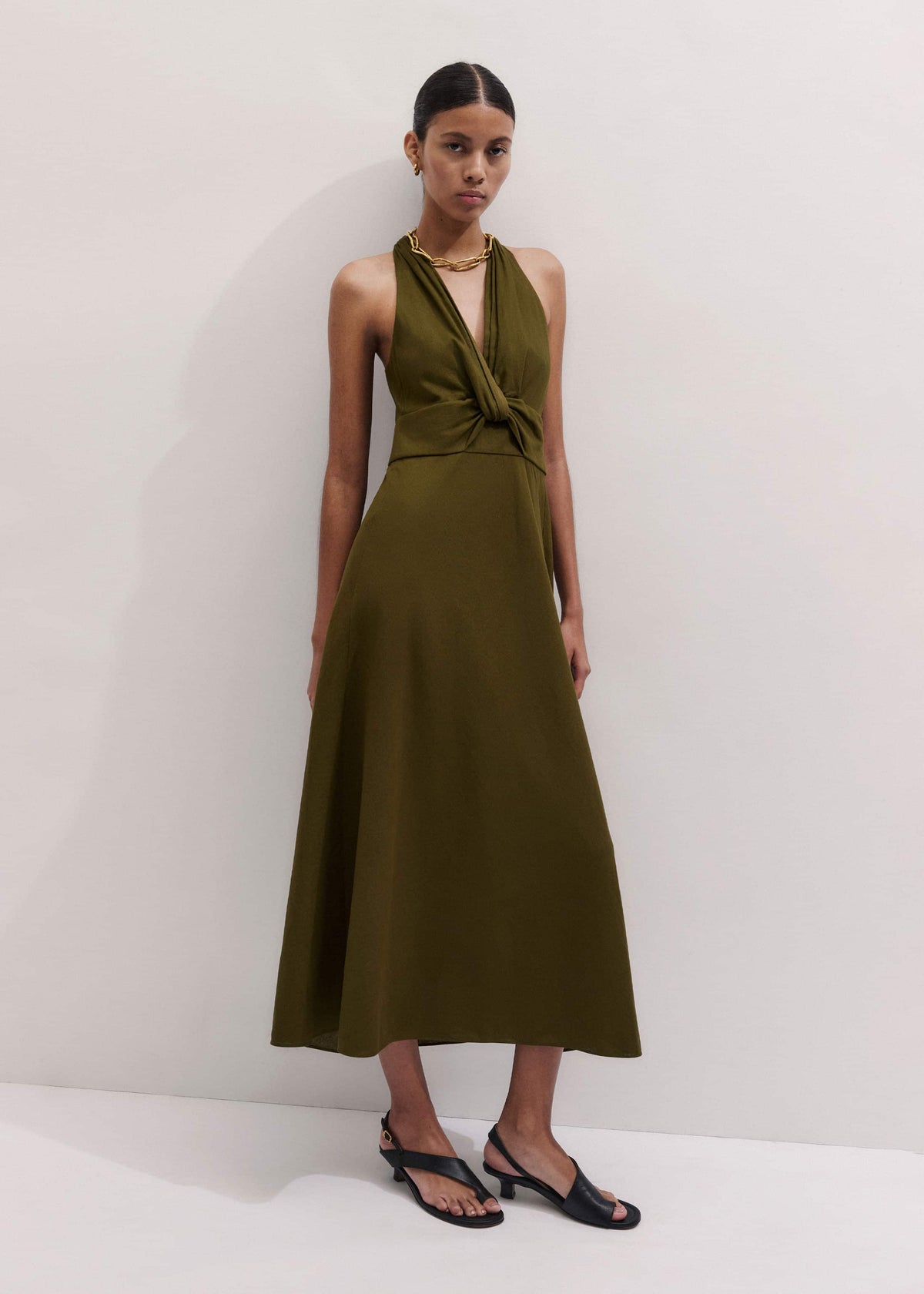 ME+EM Clothing Olive Green Crease-Less Linen Twist Front Maxi Dress