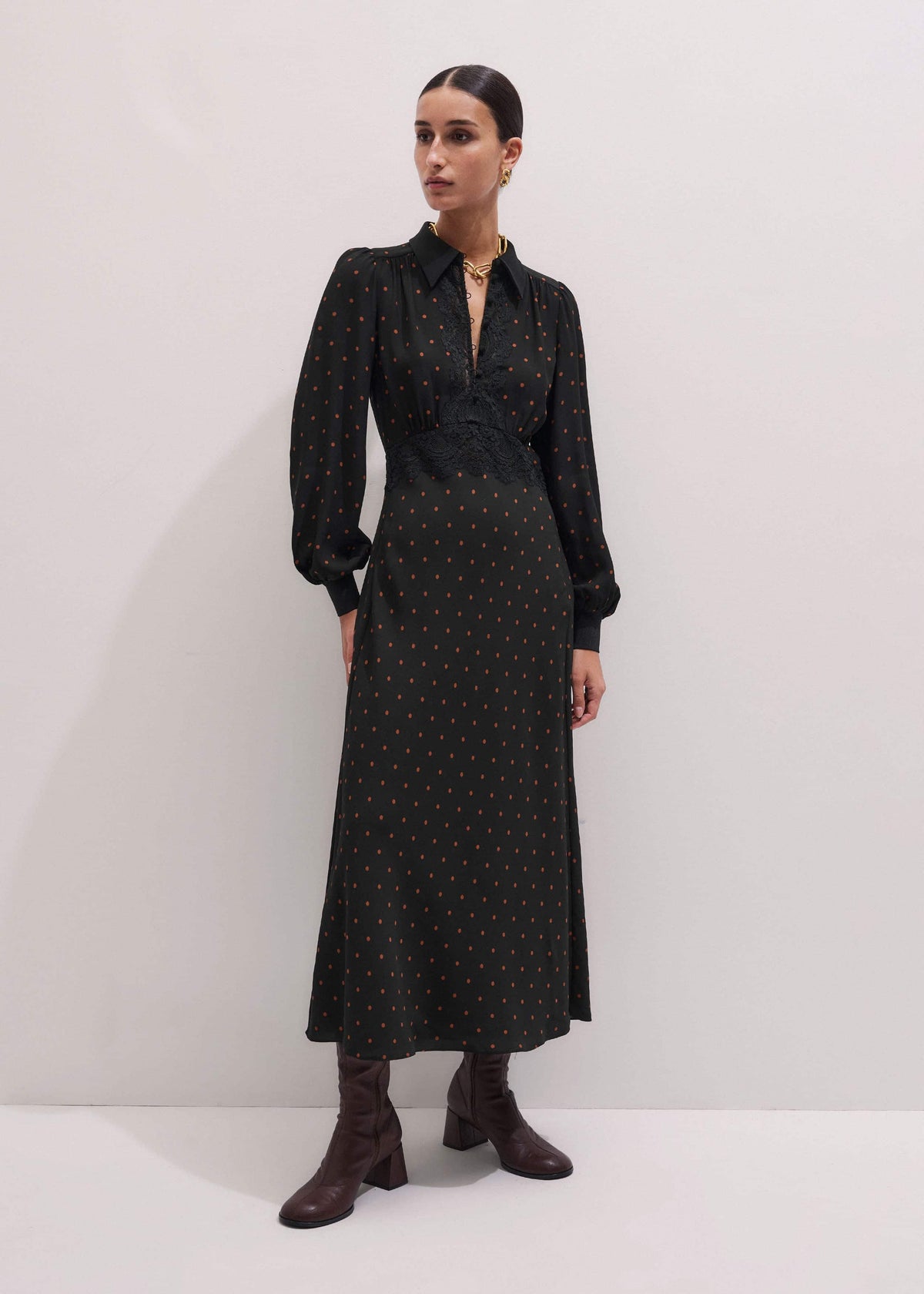ME+EM Clothing Black Winter Polka Dot Lace Trim Maxi Dress
