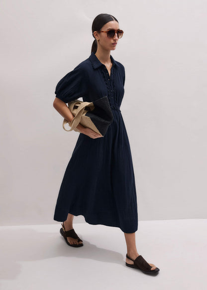 ME+EM Clothing Navy Cheesecloth Intricate Detail Fit + Flare Midi Dress