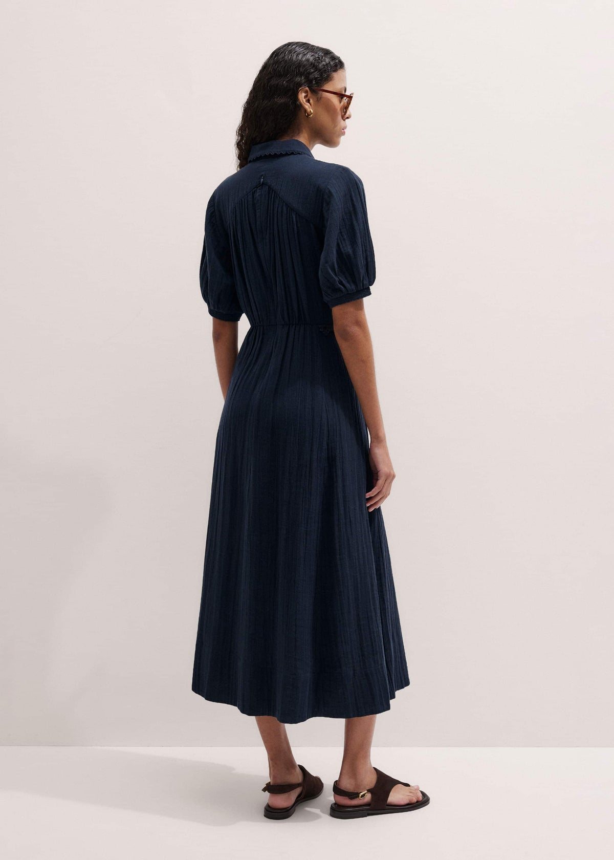ME+EM Clothing Navy Cheesecloth Intricate Detail Fit + Flare Midi Dress