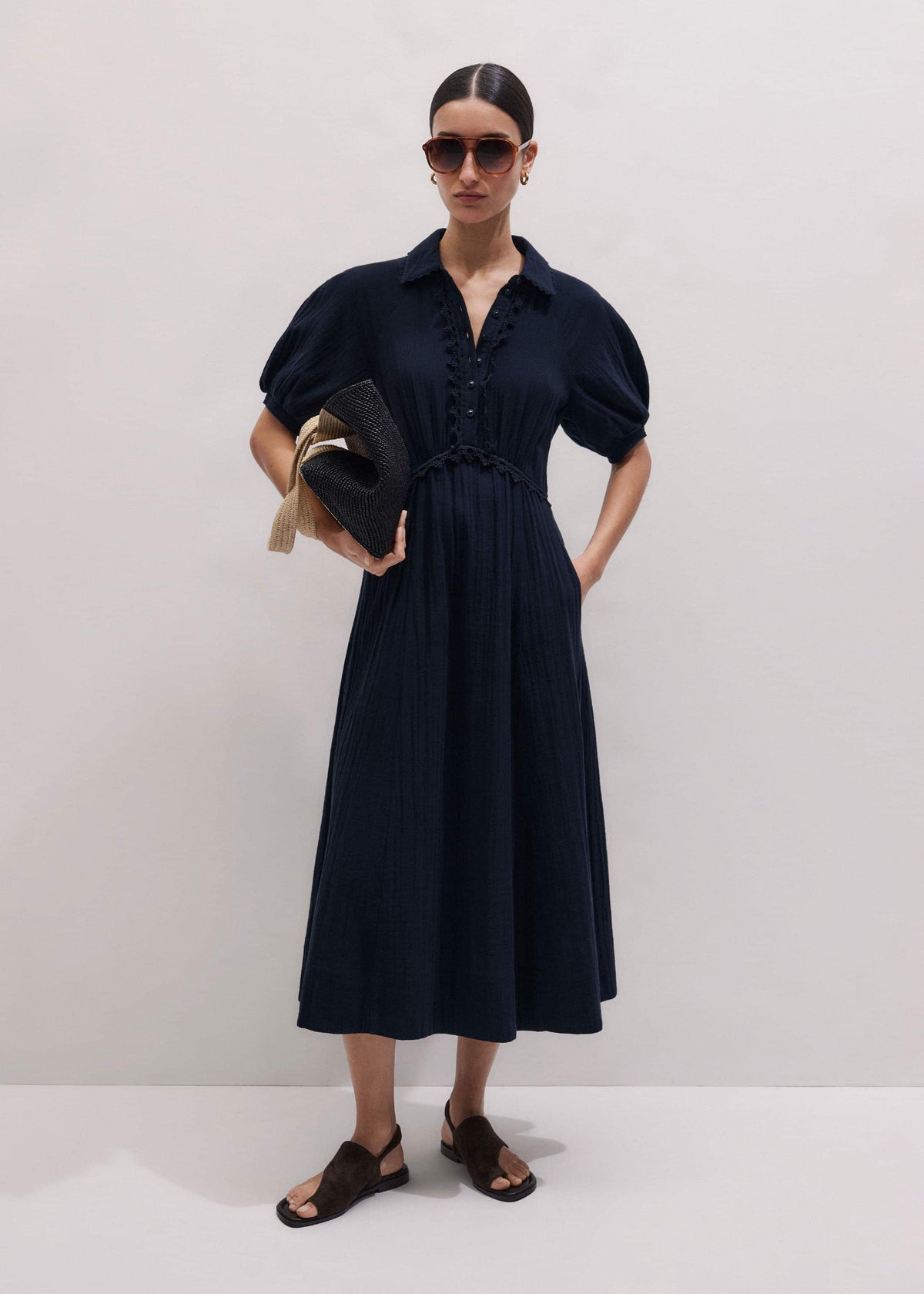 ME+EM Clothing Navy Cheesecloth Intricate Detail Fit + Flare Midi Dress