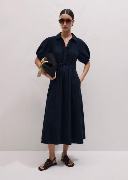 ME+EM Clothing Navy Cheesecloth Intricate Detail Fit + Flare Midi Dress