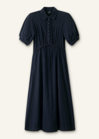 ME+EM Clothing Navy Cheesecloth Intricate Detail Fit + Flare Midi Dress
