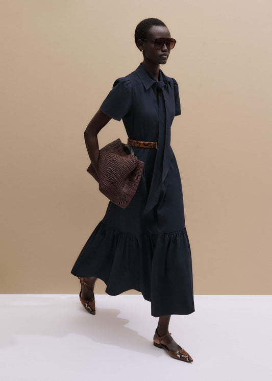 ME+EM Clothing Navy Cotton Seersucker Fit + Flare Midi Dress