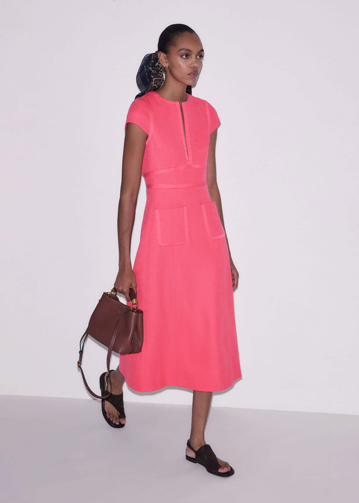ME+EM Clothing Pink Contrast Binding Fit And Flare Midi Dress
