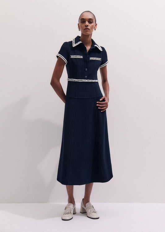 ME+EM Clothing Navy Fit + Flare Fray Trim Midi Dress