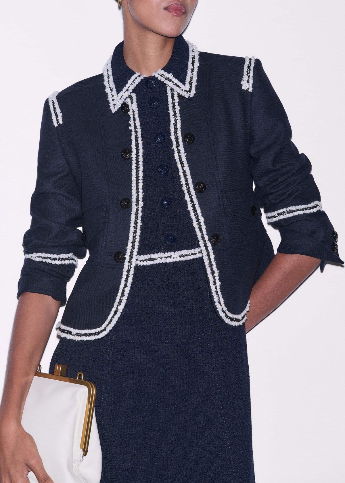 ME+EM Clothing Navy Fit + Flare Fray Trim Midi Dress