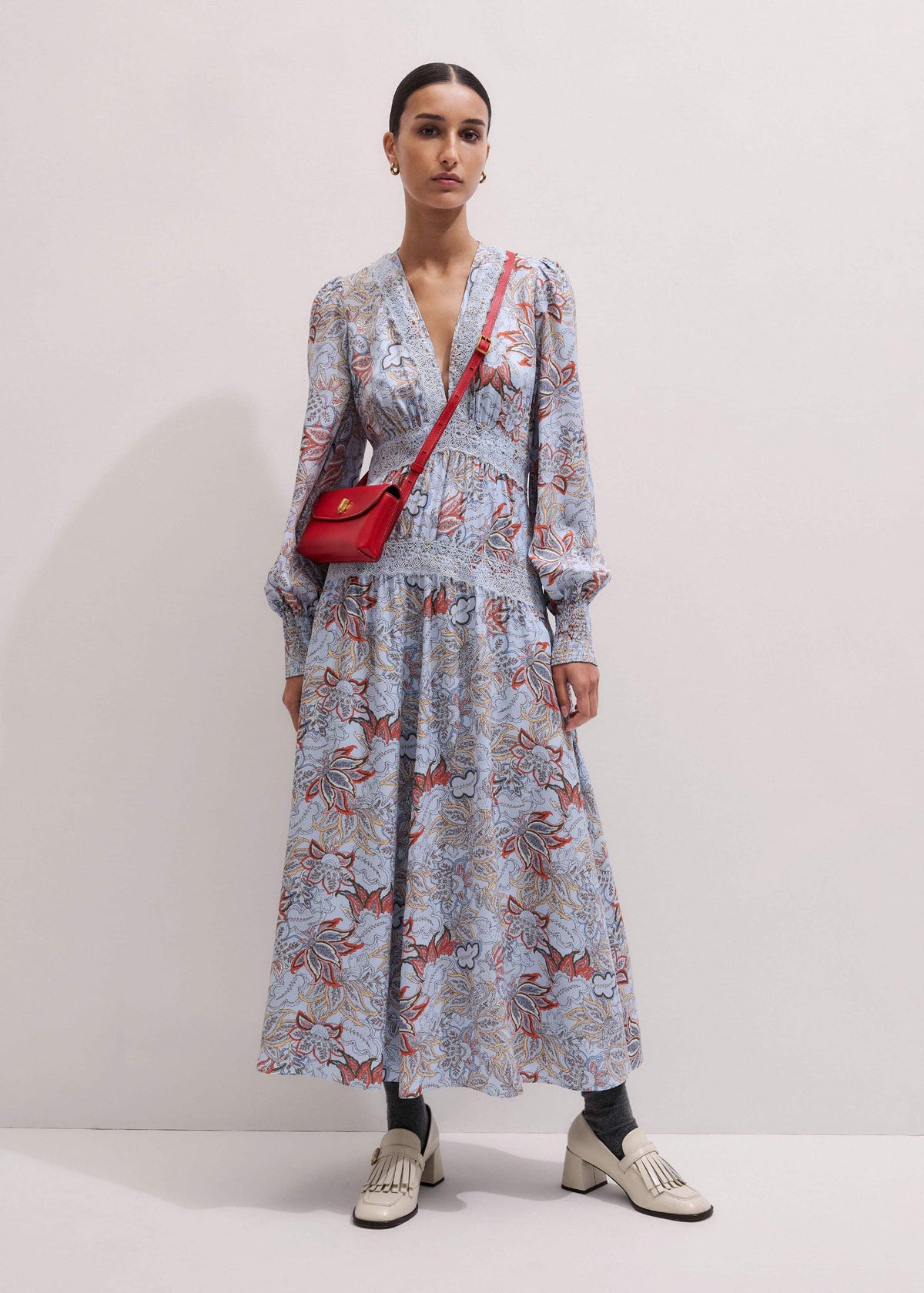 ME+EM Clothing Blue Silk Delicate Paisley Print Fit + Flare Maxi Dress