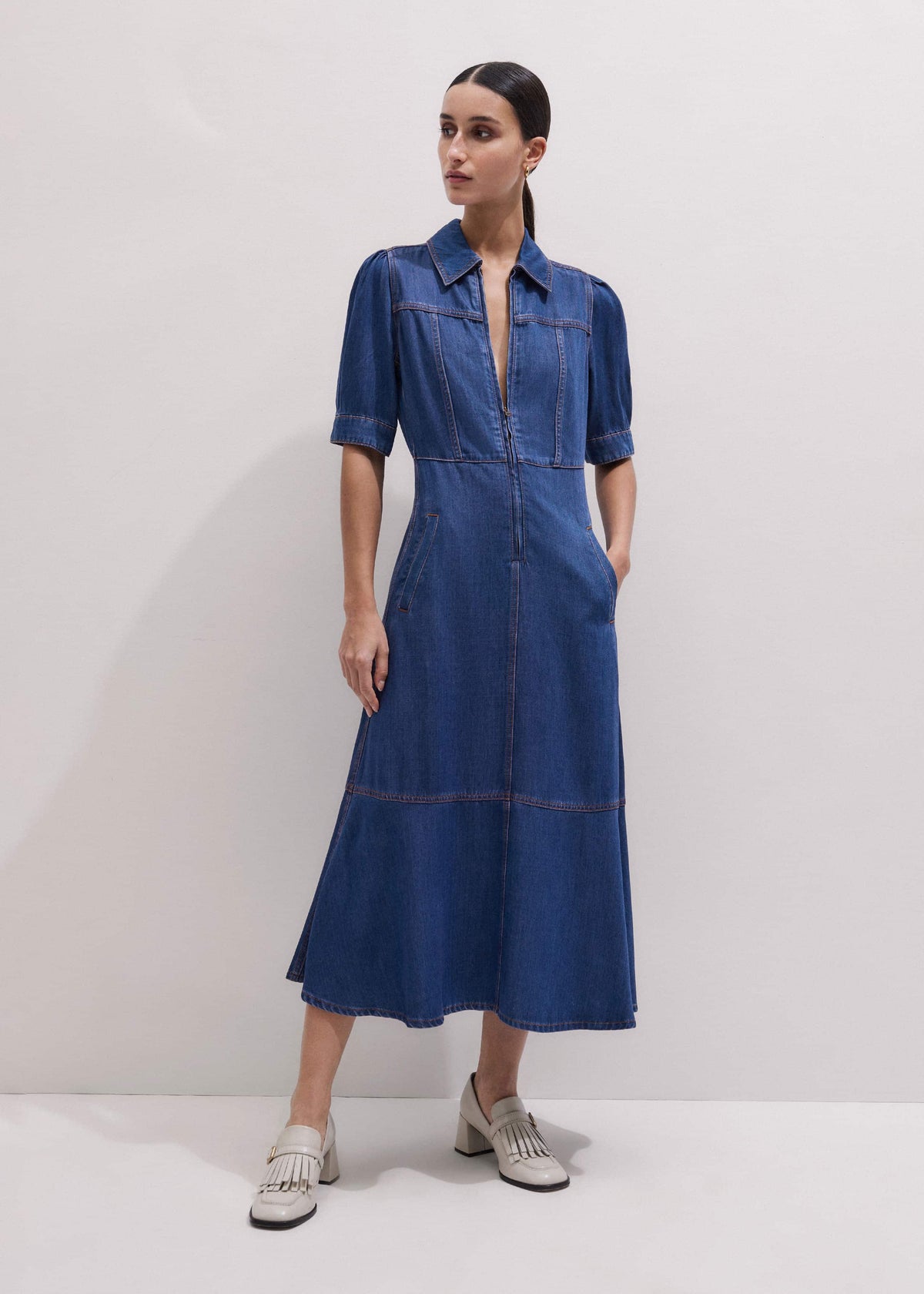 ME+EM Clothing Blue Fluid Fit + Flare Midi Dress + Belt