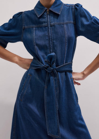 ME+EM Clothing Blue Fluid Fit + Flare Midi Dress + Belt