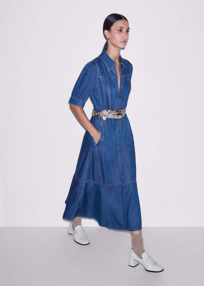 ME+EM Clothing Blue Fluid Fit + Flare Midi Dress + Belt