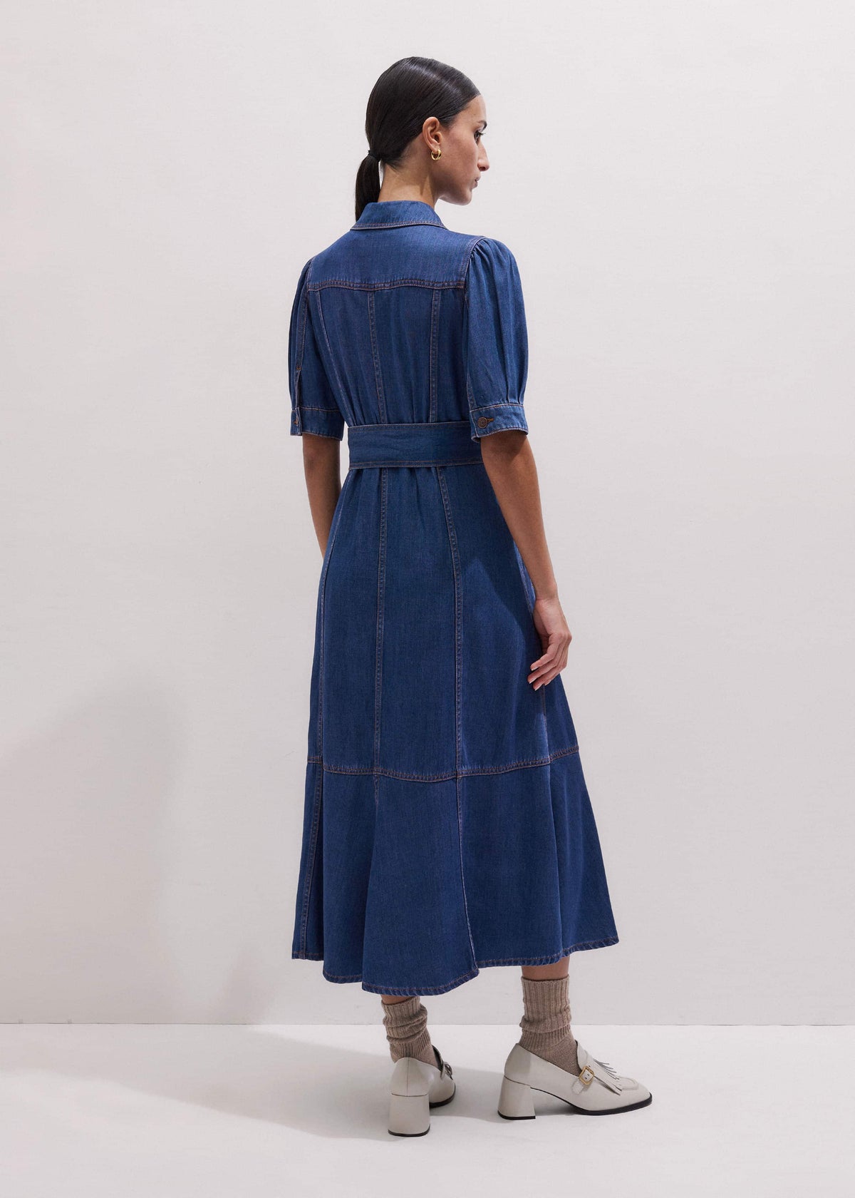 ME+EM Clothing Blue Fluid Fit + Flare Midi Dress + Belt
