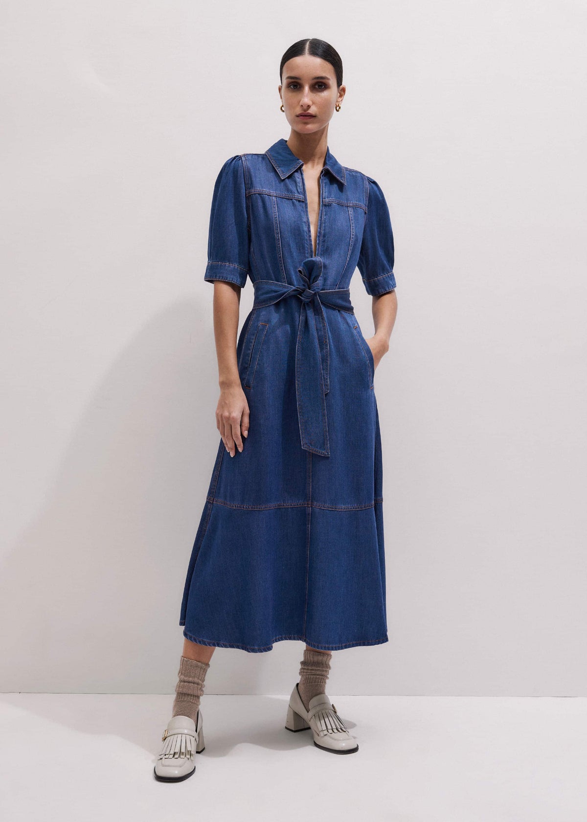 ME+EM Clothing Blue Fluid Fit + Flare Midi Dress + Belt