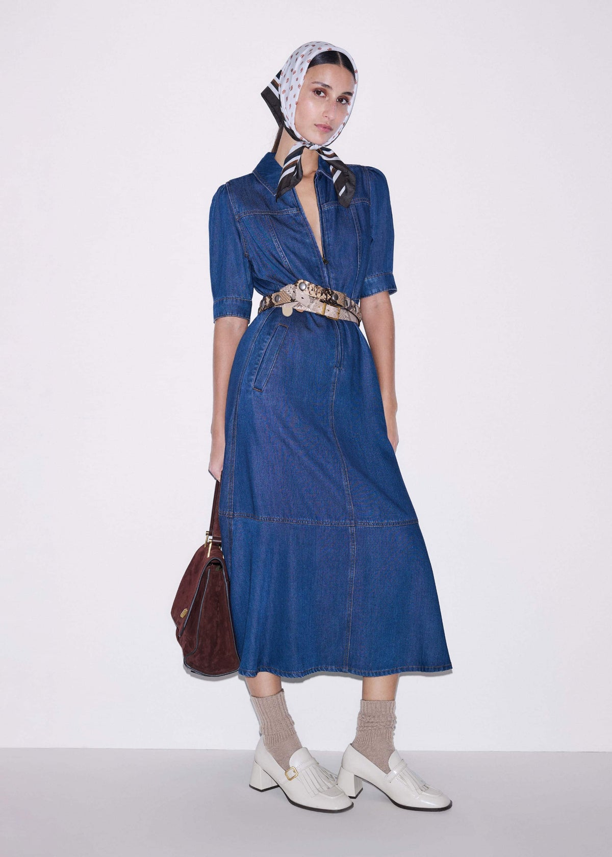 ME+EM Clothing Blue Fluid Fit + Flare Midi Dress + Belt