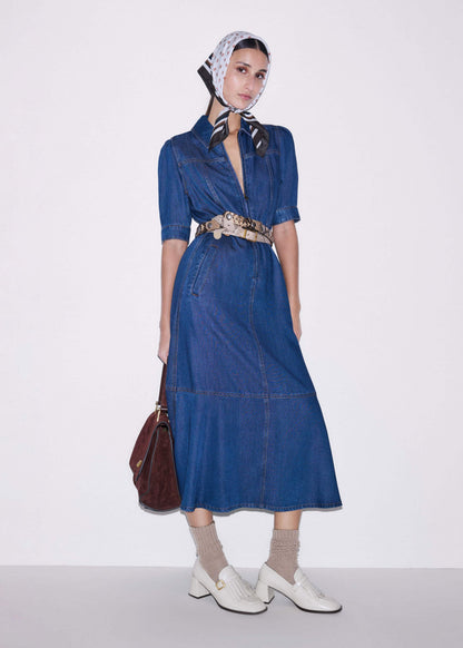 ME+EM Clothing Blue Fluid Fit + Flare Midi Dress + Belt