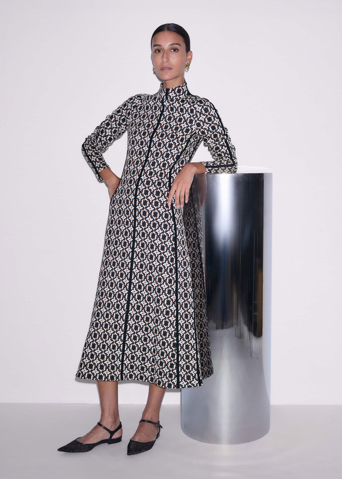 ME+EM Clothing Navy Graphic Jacquard Fit and Flare Midi Dress