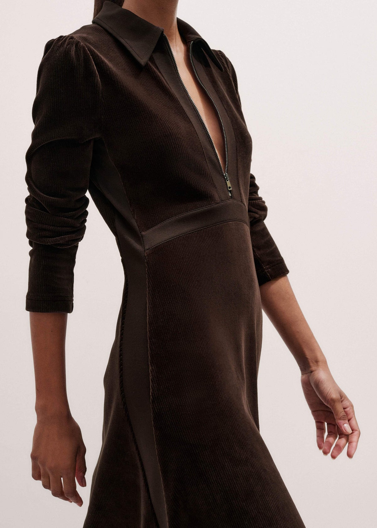 ME+EM Clothing Brown Ponte Collared Cord Velour AM-PM Midi Dress