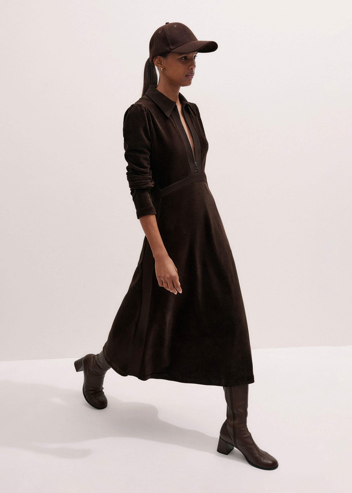 ME+EM Clothing Brown Ponte Collared Cord Velour AM-PM Midi Dress