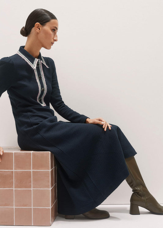 ME+EM Clothing Navy Crochet Trim Fit and Flare Midi Dress