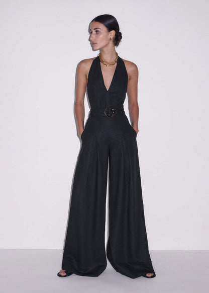 ME+EM Clothing Black Crease-Less Linen Halterneck Wide Jumpsuit