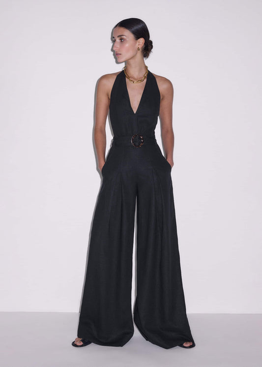 ME+EM Clothing Black Crease-Less Linen Halterneck Wide Jumpsuit