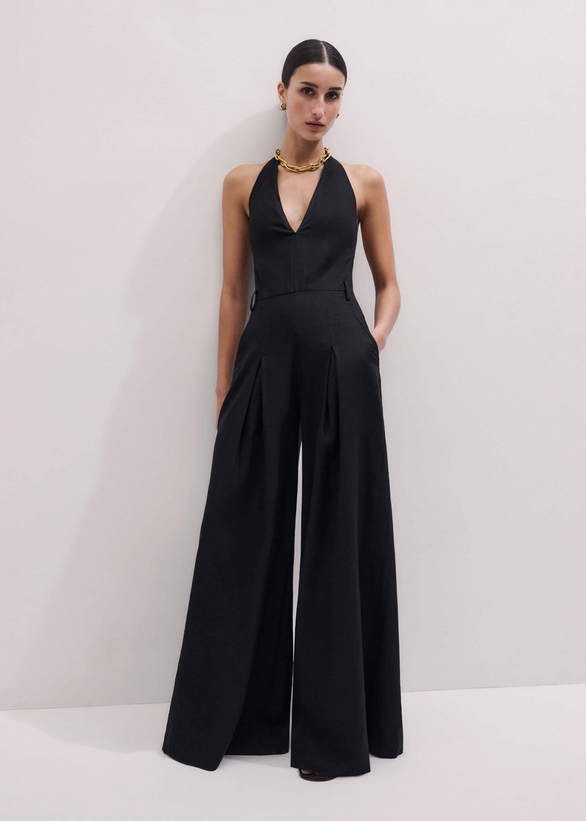 ME+EM Clothing Black Crease-Less Linen Halterneck Wide Jumpsuit