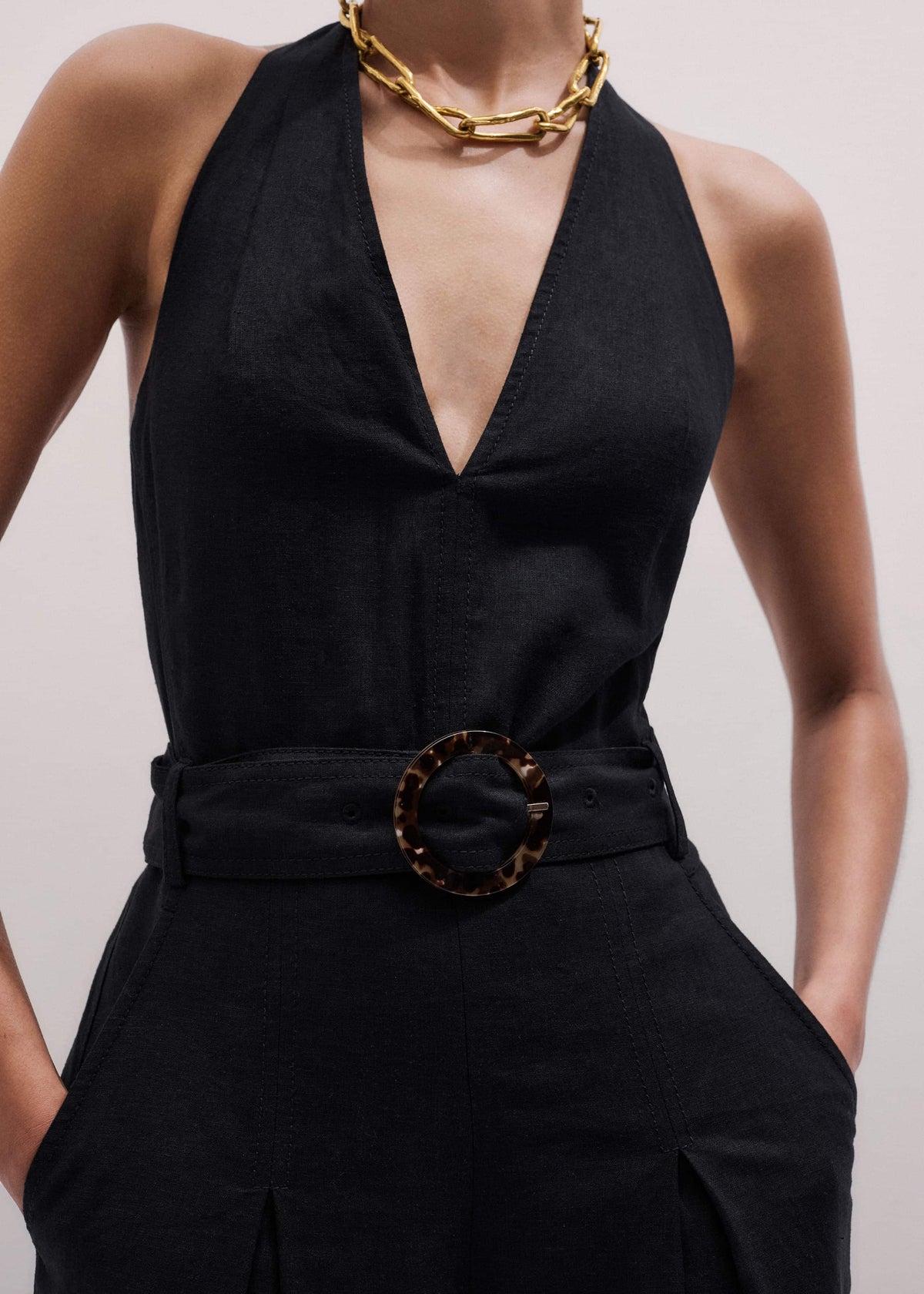 ME+EM Clothing Black Crease-Less Linen Halterneck Wide Jumpsuit