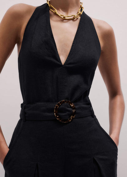 ME+EM Clothing Black Crease-Less Linen Halterneck Wide Jumpsuit