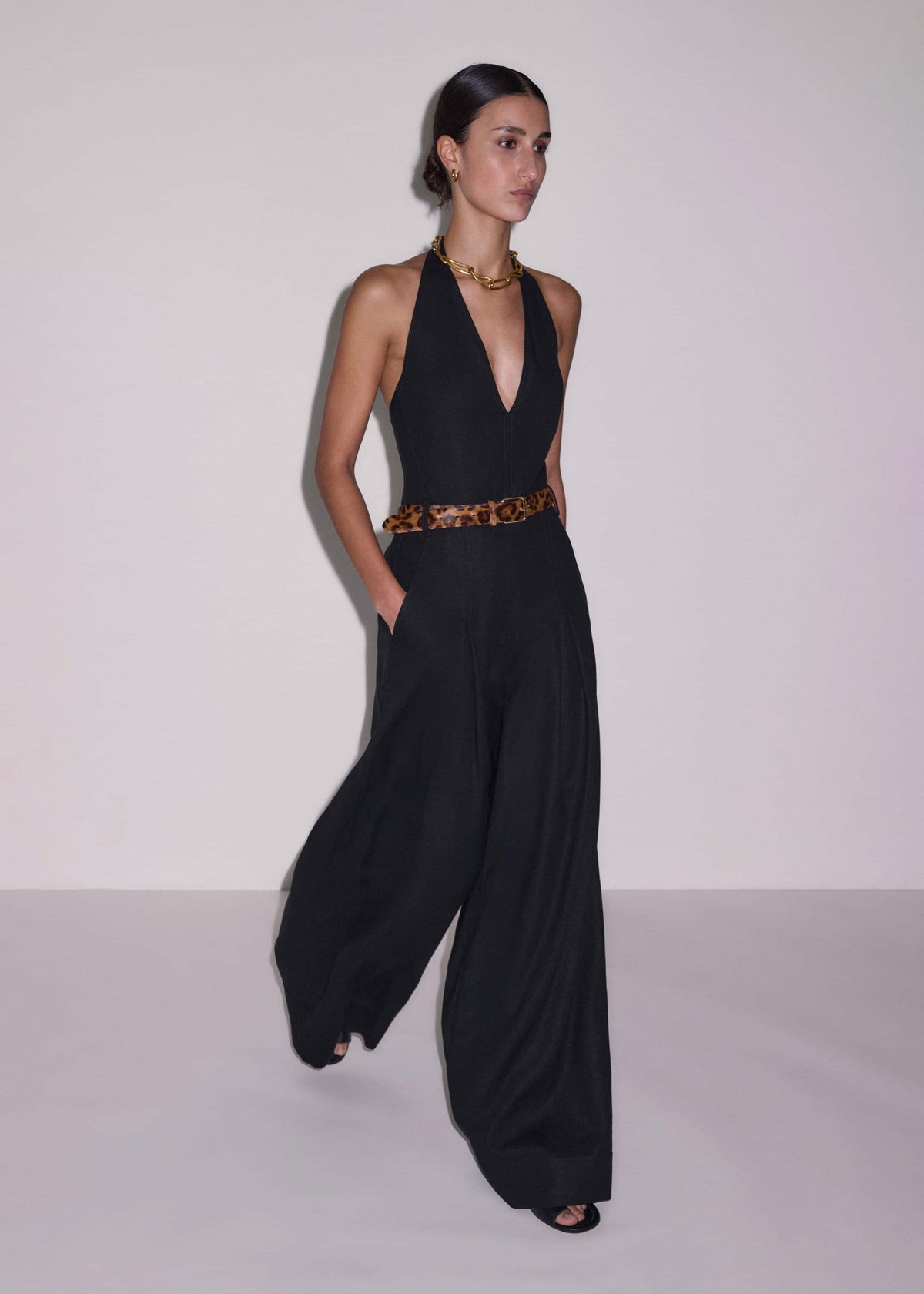 ME+EM Clothing Black Crease-Less Linen Halterneck Wide Jumpsuit