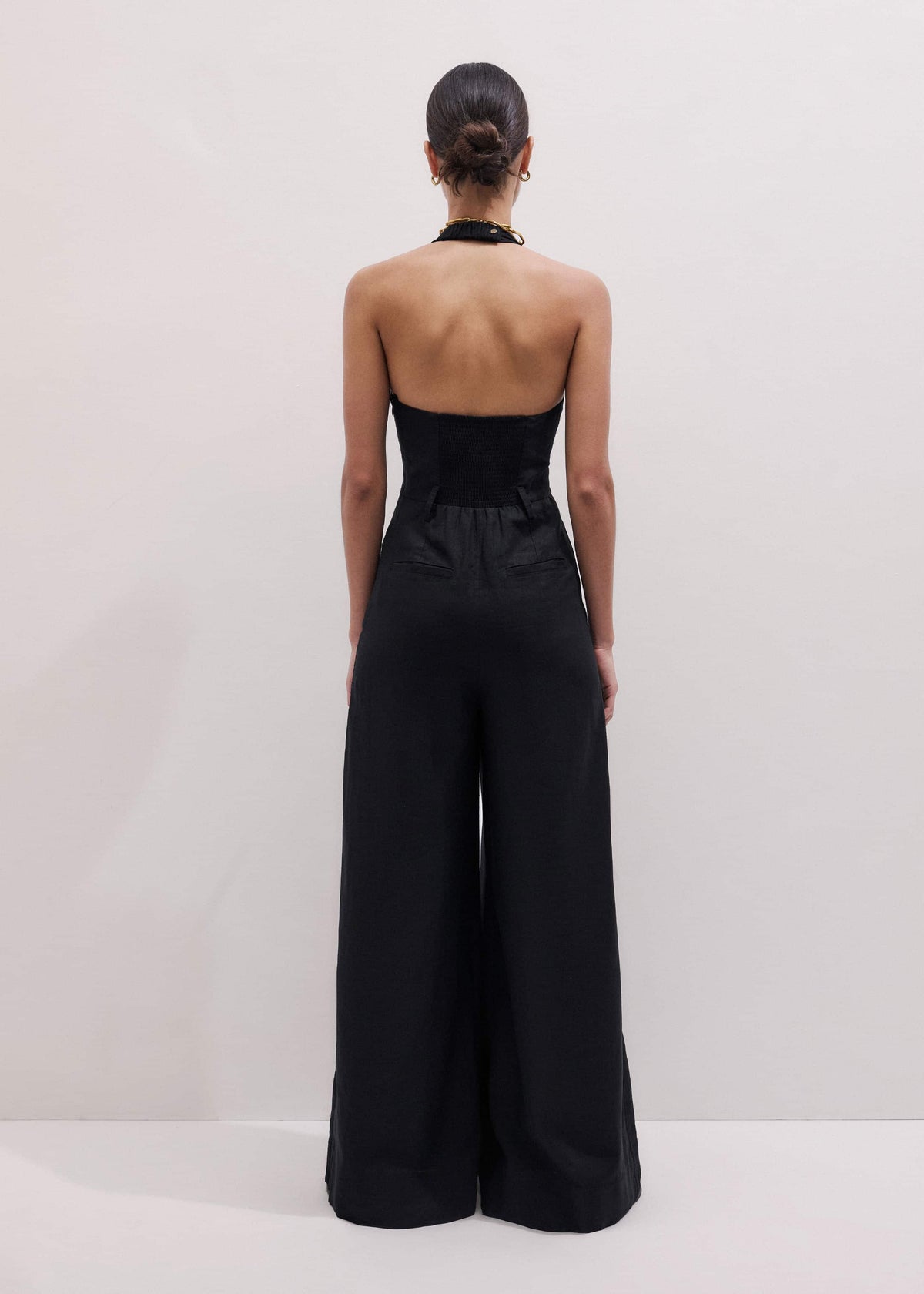 ME+EM Clothing Black Crease-Less Linen Halterneck Wide Jumpsuit