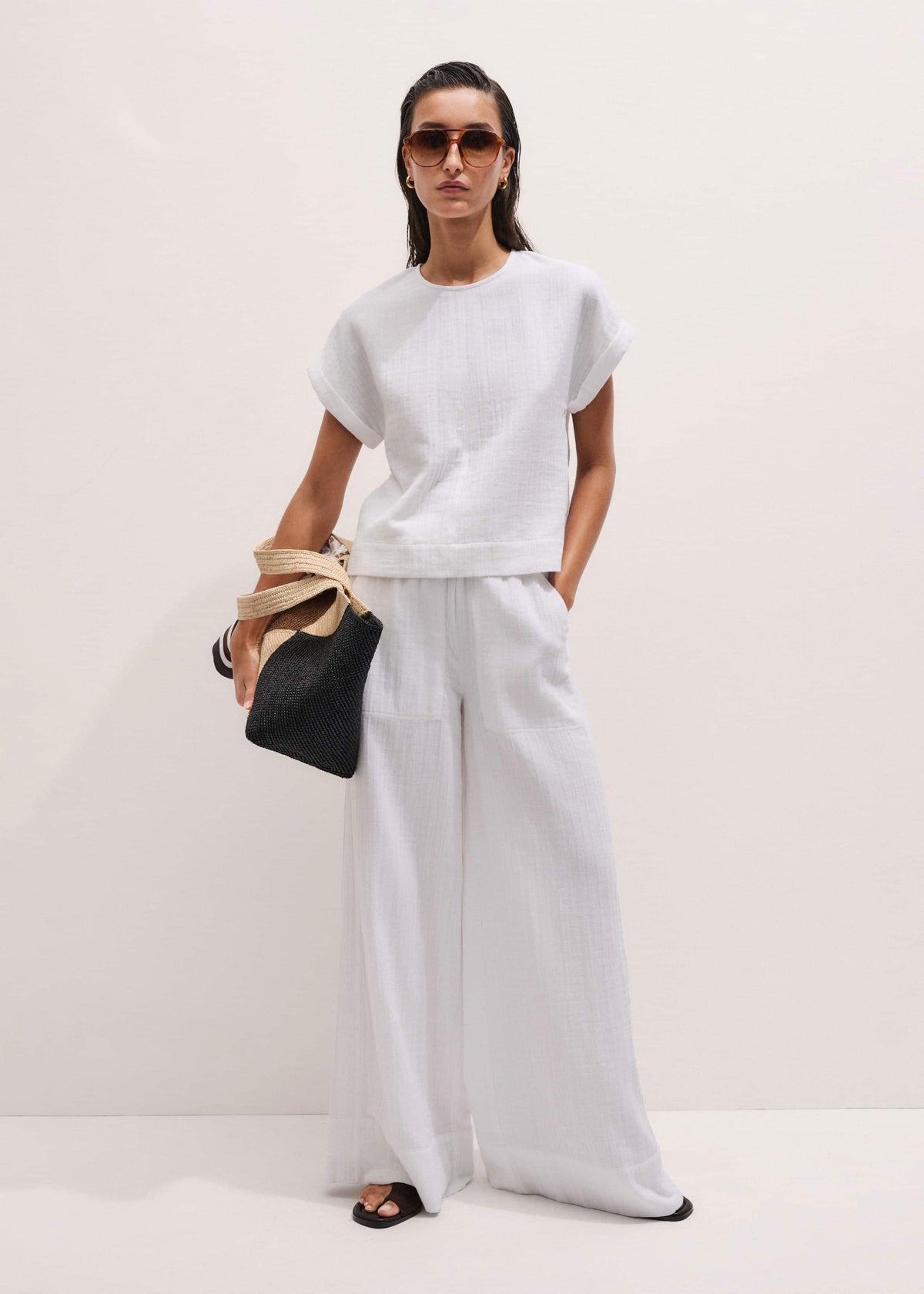 ME+EM Clothing White Cheesecloth Wide-Leg Pant