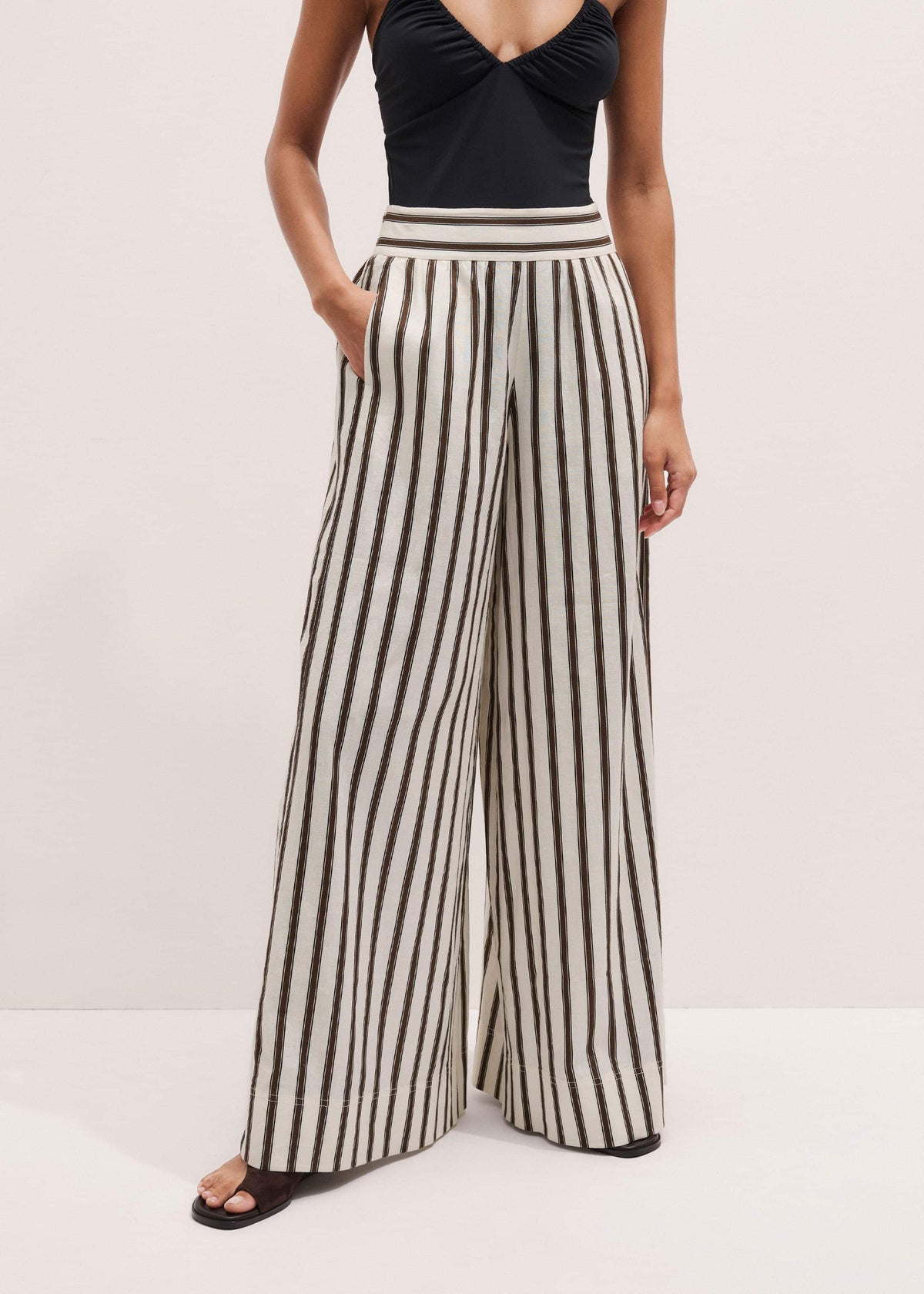 ME+EM Clothing Cream Linen-Blend Spring Stripe Wide-Leg Pant