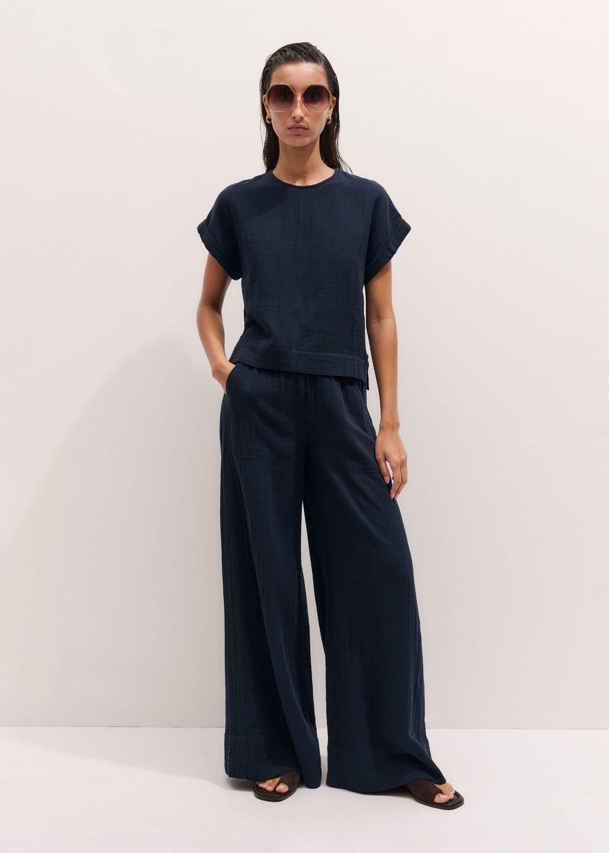 ME+EM Clothing Navy Cheesecloth Wide-Leg Pant