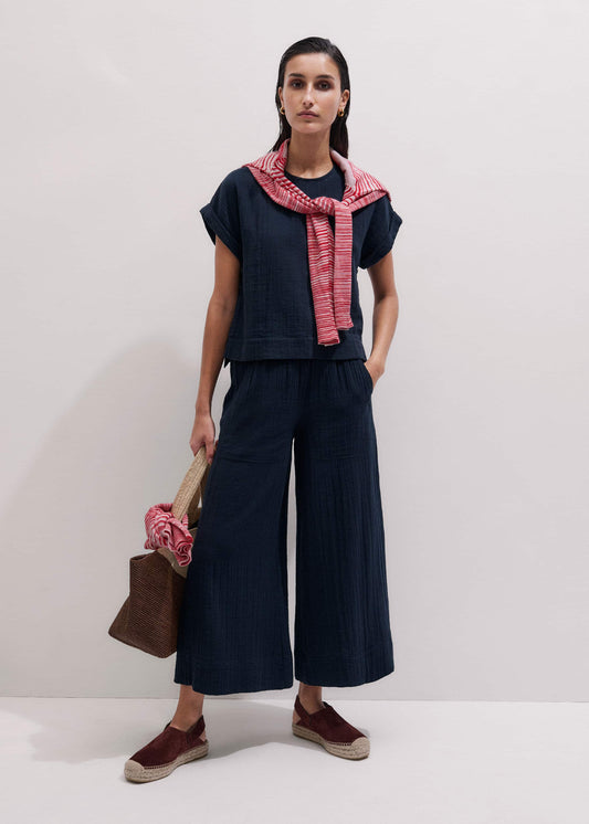 ME+EM Clothing Navy Cheesecloth Cropped Wide-Leg Pant
