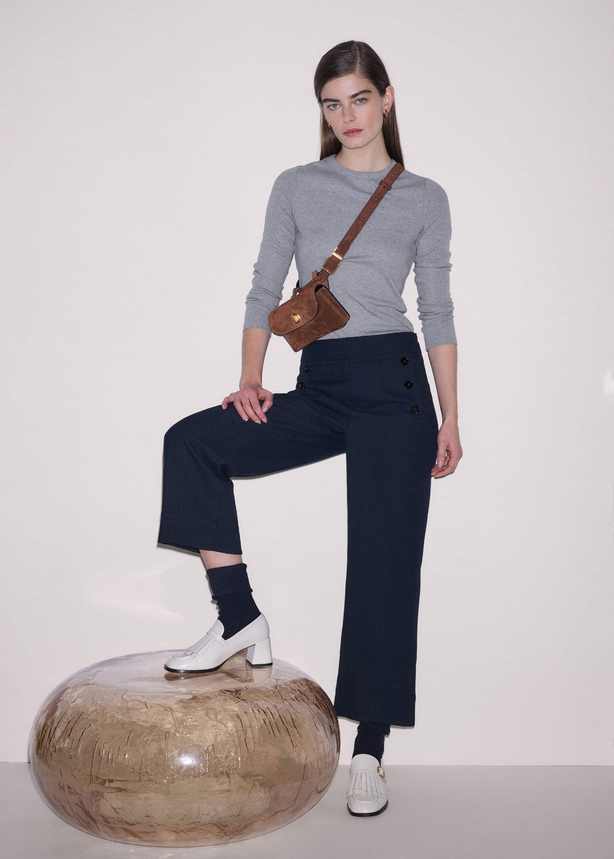 ME+EM Clothing Navy Button Front Straight Crop Pant