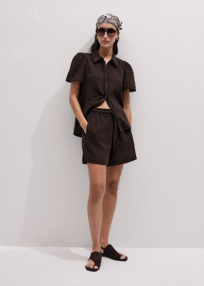ME+EM Clothing Brown Cheesecloth Trim Detail Blouse