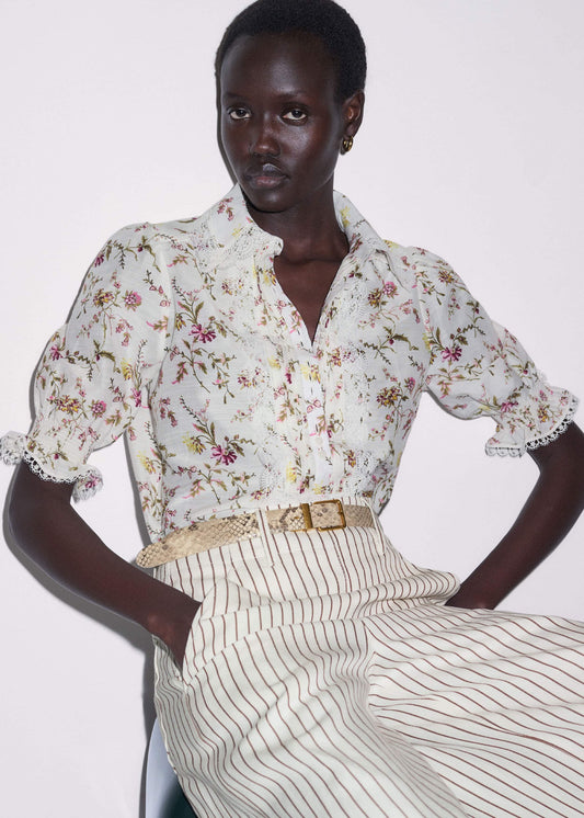 ME+EM Clothing Cream Silk Cotton Wild Spring Floral Print Blouse