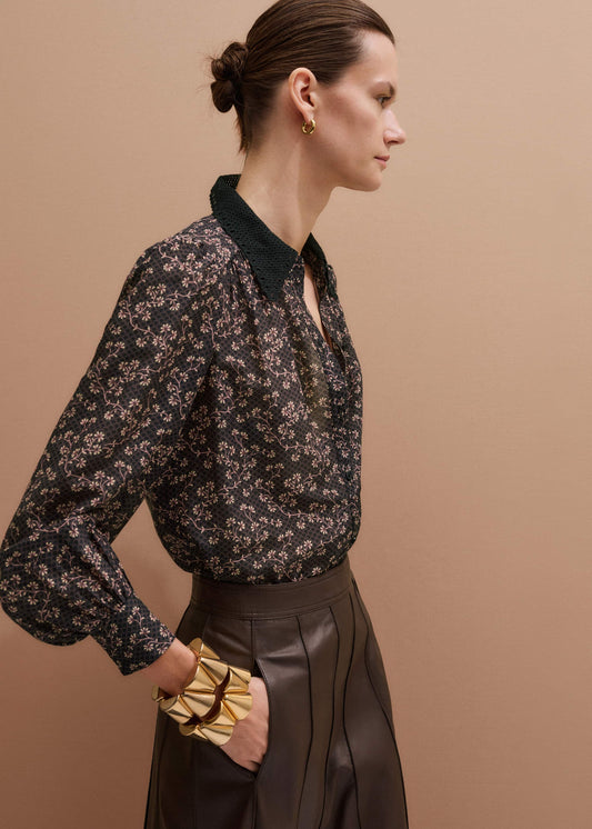 ME+EM Clothing Black Scallop Daisy Print Feature Collar Blouse