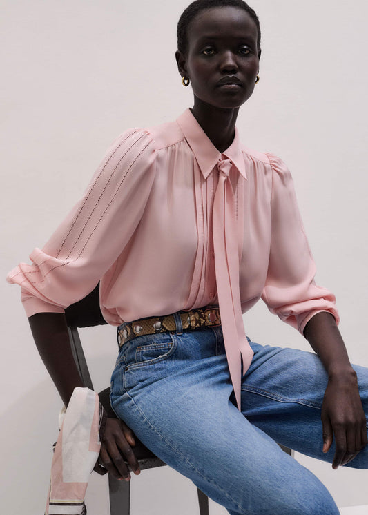 ME+EM Clothing Pink Silk Feminine Embroidered Fluid Straight Blouse