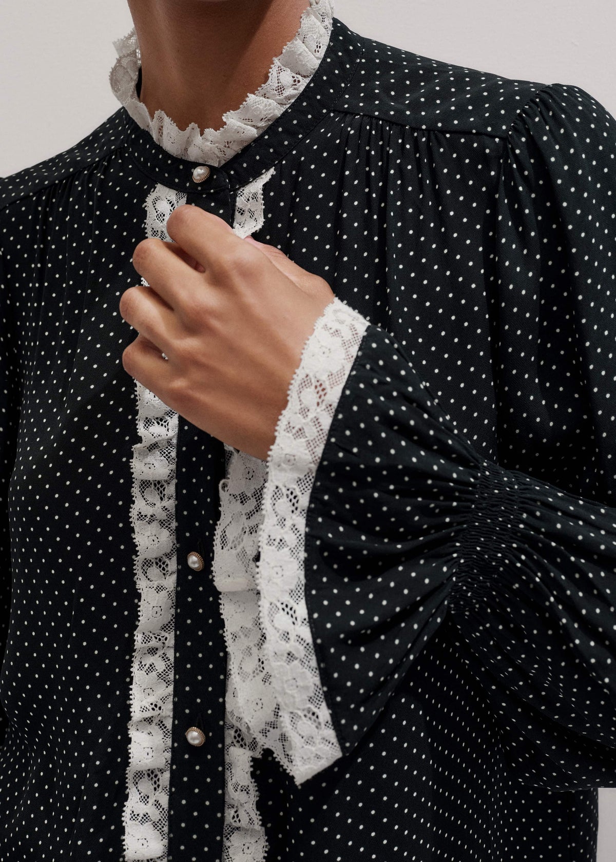 ME+EM Clothing Black Micro Polka Dot And Lace Blouse