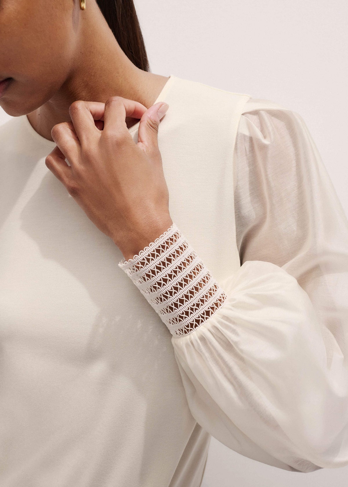 ME+EM Clothing Cream Sheer Mixed Media Layering Blouse