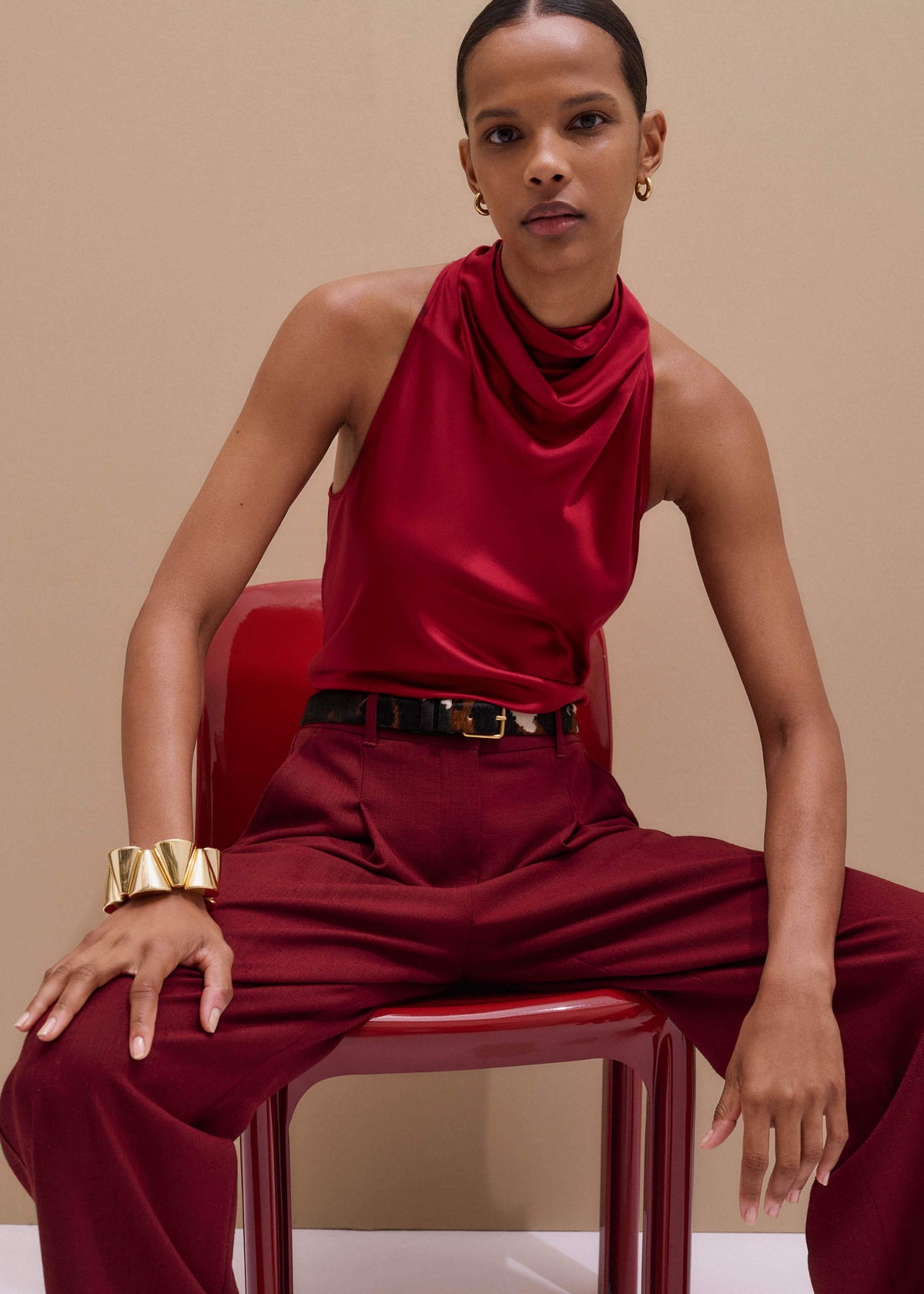 ME+EM Clothing Red Silk Satin Halterneck Sleeveless Top