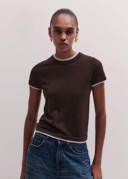 ME+EM Clothing Brown Barely There Contrast Trim Knit Baby Tee