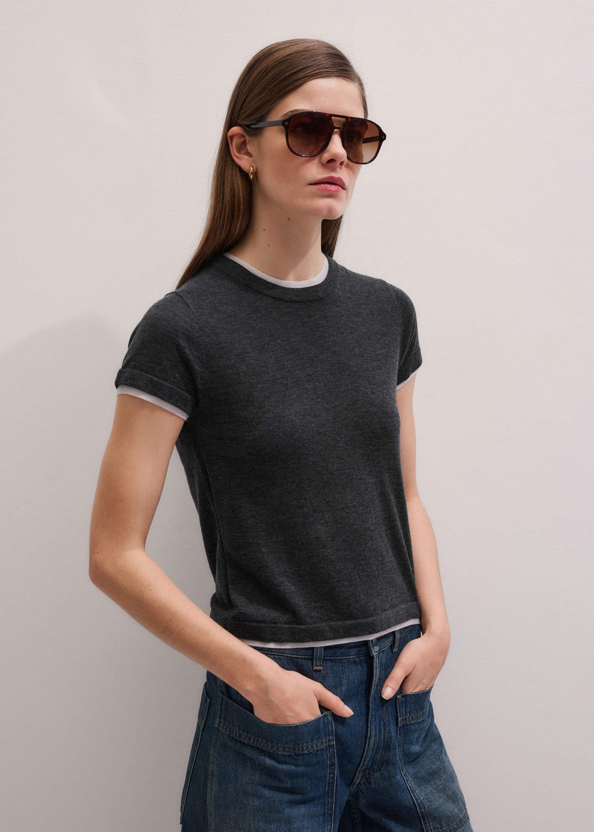 ME+EM Clothing Grey Barely There Contrast Trim Knit Baby Tee