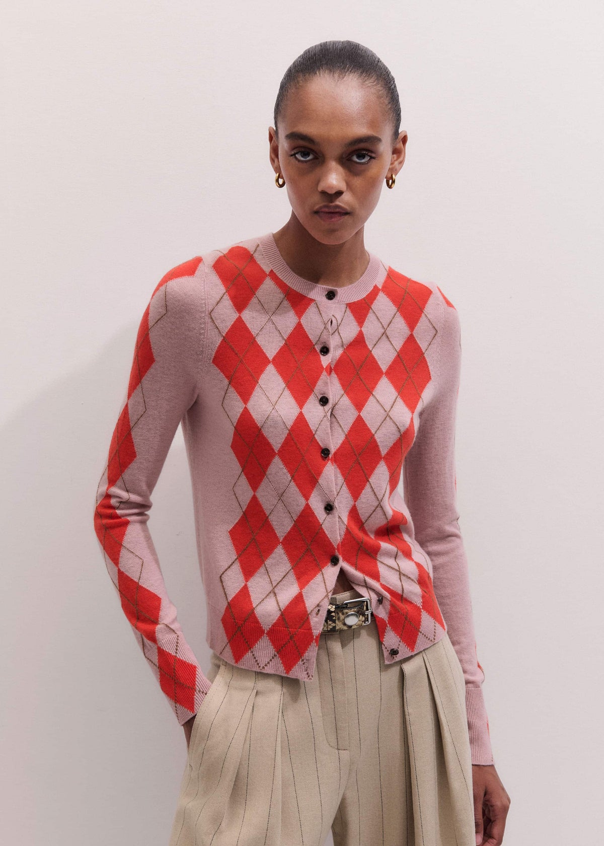 ME+EM Clothing Pink Fine Argyle Slim Knit Cardigan